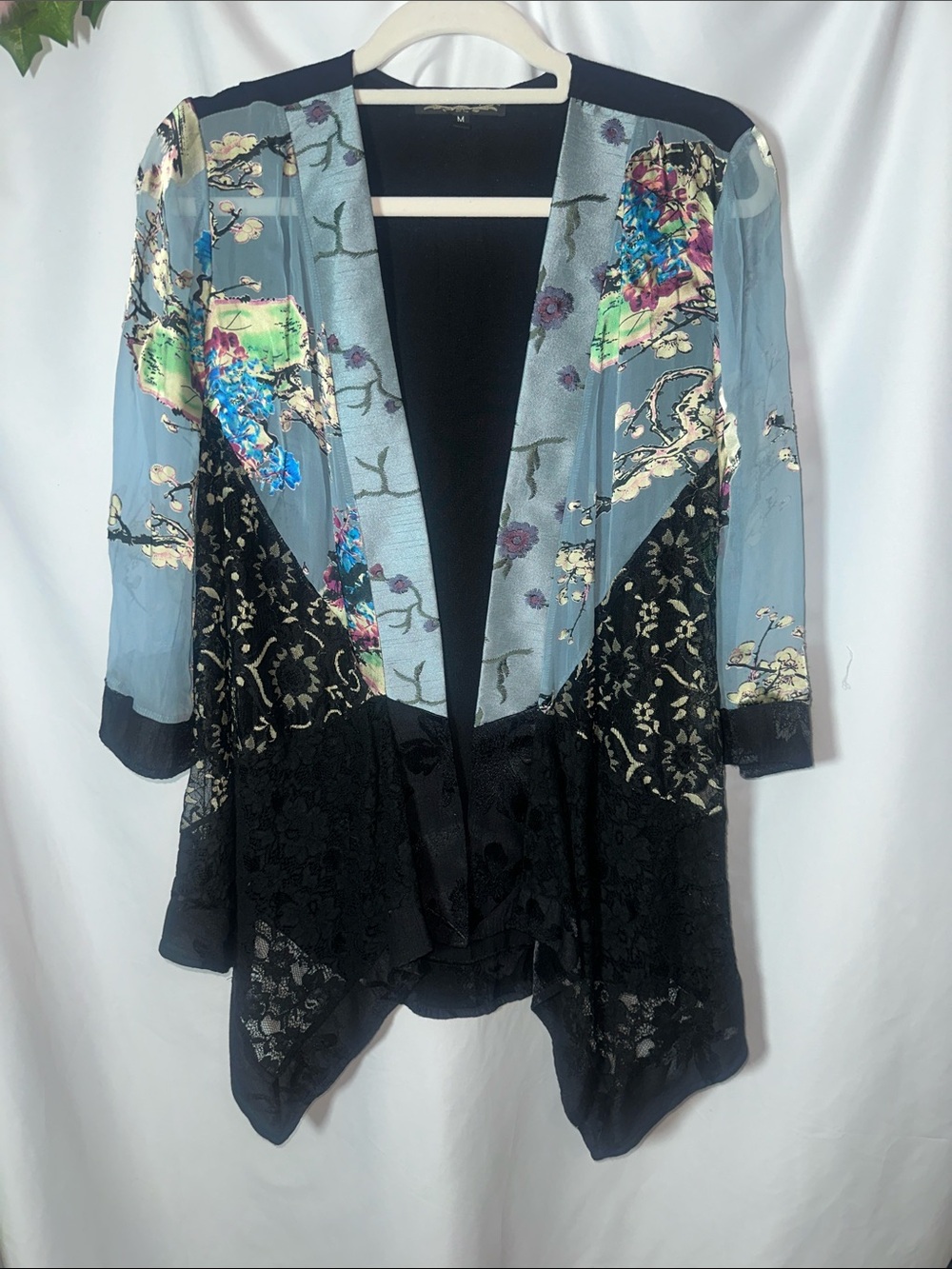 Violet Kay Floral Sheer Patchwork Open Front Jacket/kimono - Black & Sky Blue